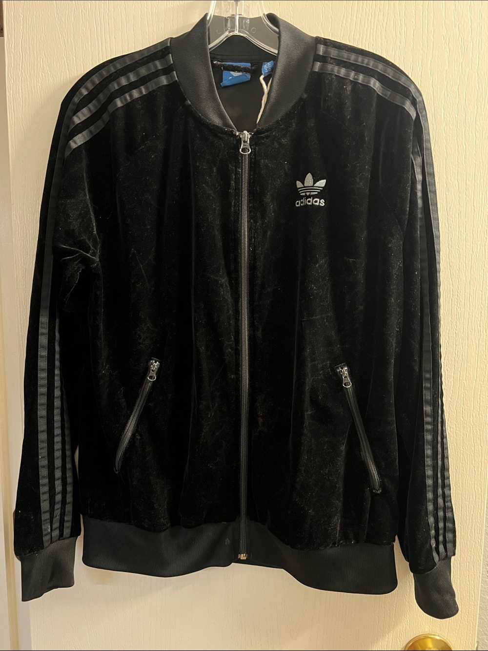 adidas Black Velour Bomber Jacket with Three Stripes